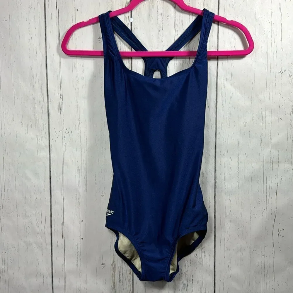 Speedo Womens One Piece Racerback Athletic Swim Solid Blue Swimsuit